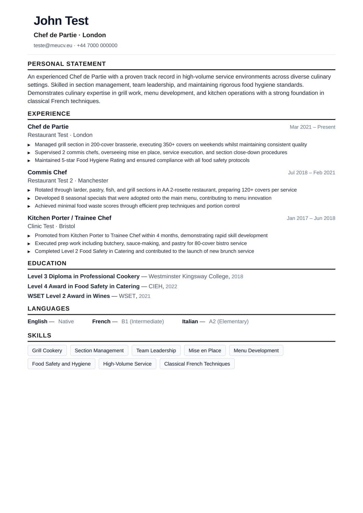 Example CV for chef in the UK