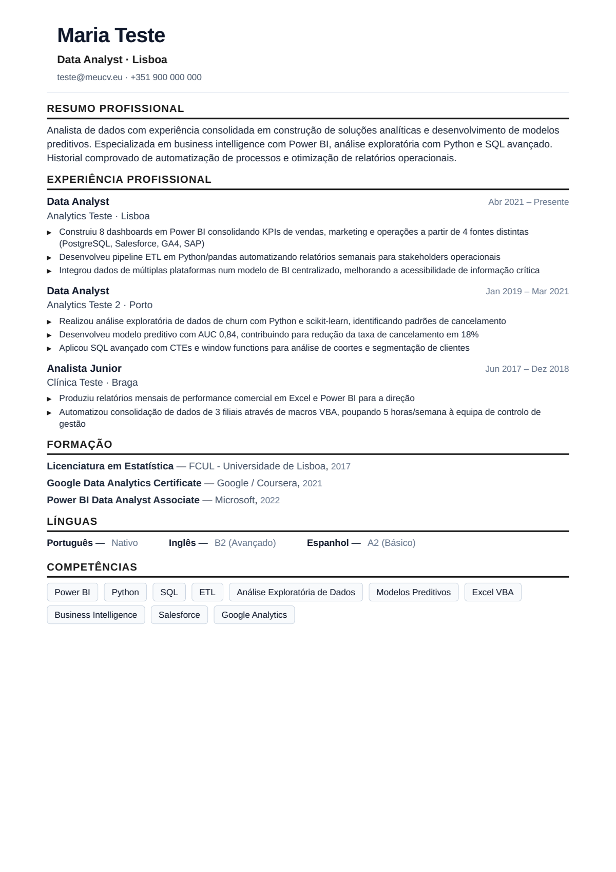 Exemplo de CV de data analyst para Portugal