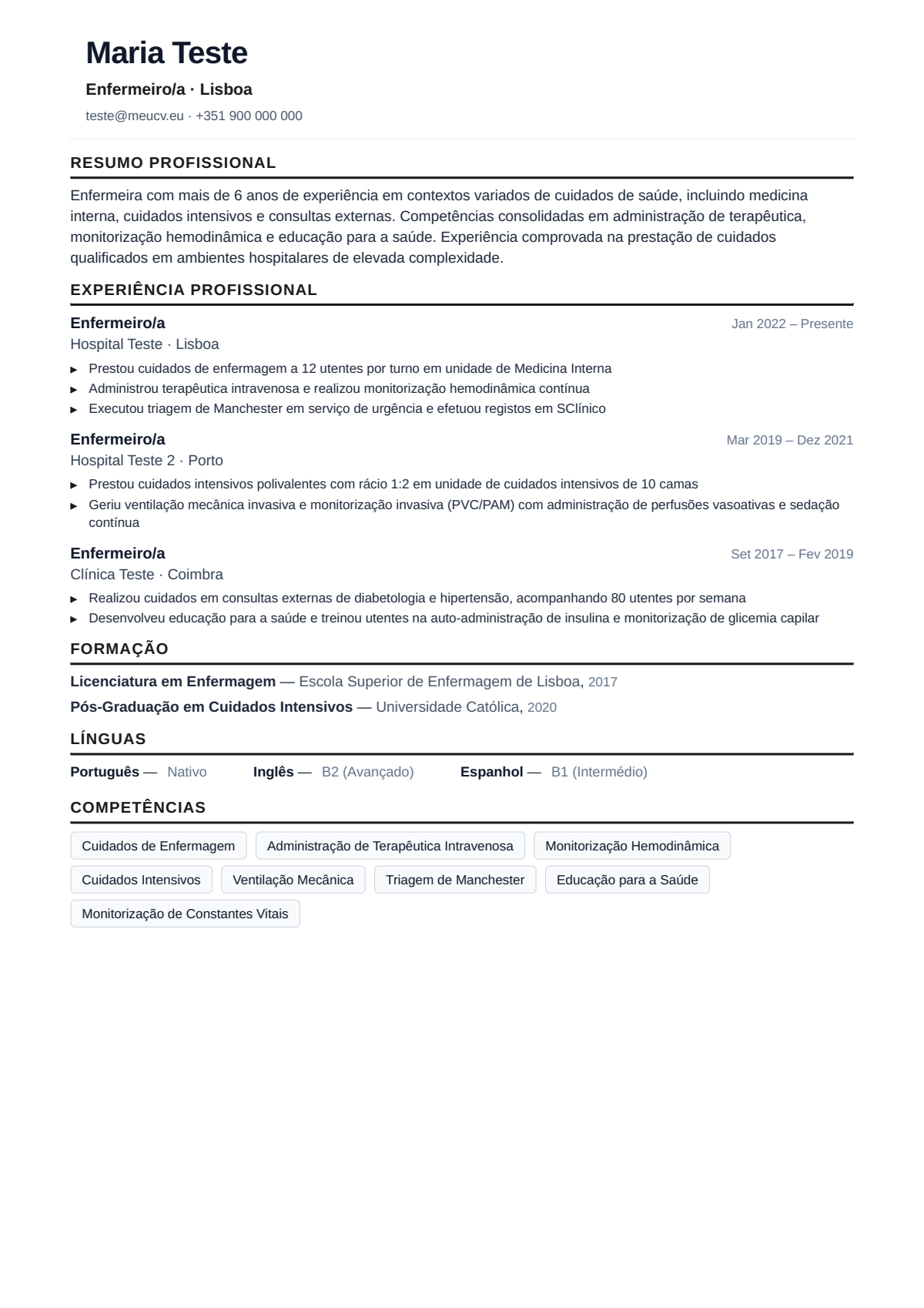 Exemplo de CV de enfermeiro para Portugal