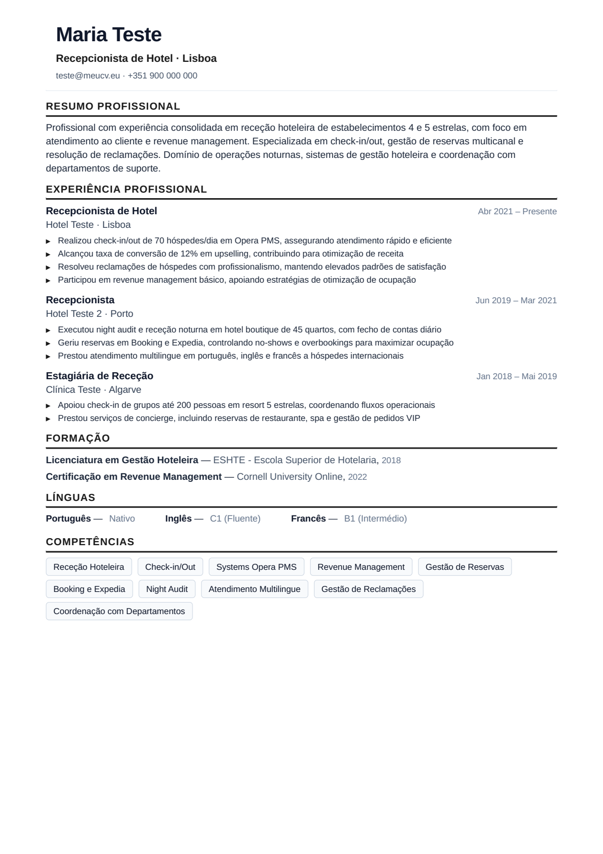 Exemplo de CV para hotelaria em Portugal