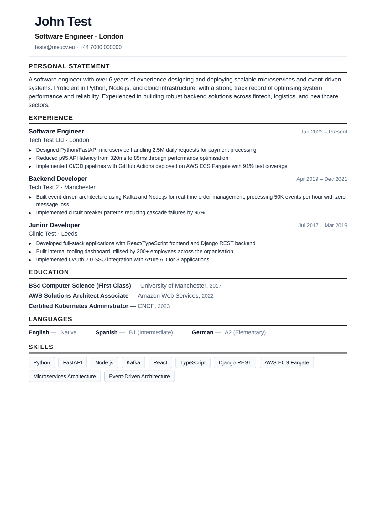 Example CV for software engineer in the UK