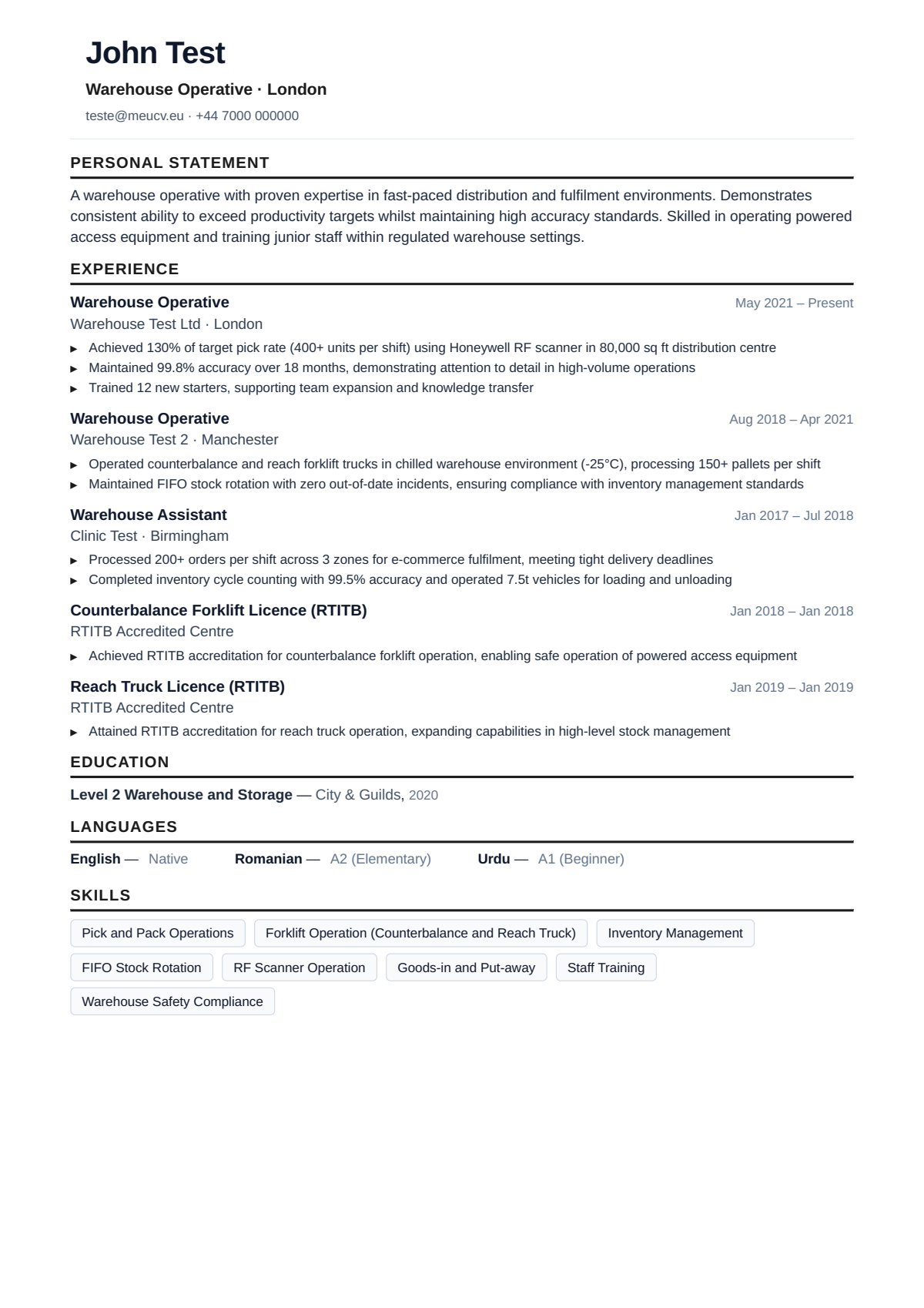 Example CV for warehouse operative in the UK